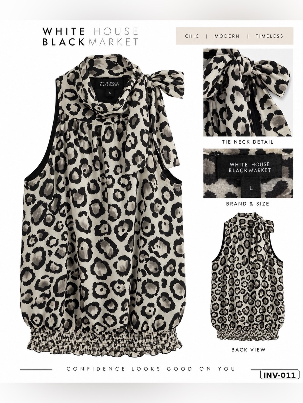 White House Black Market Black & White Leopard Tie-Neck Sleeveless Camisole Top